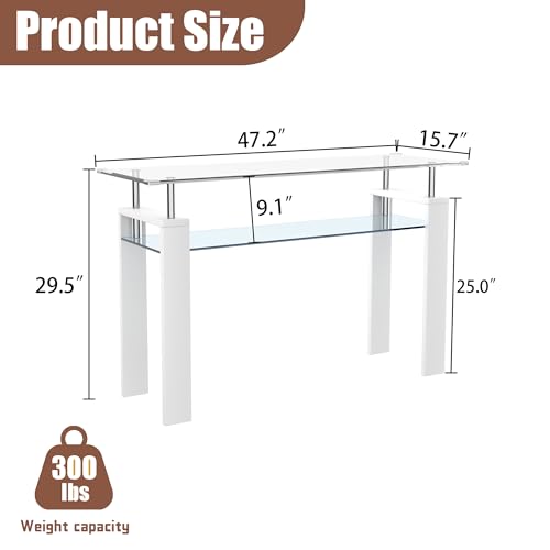 47" 2-Tier Console Table with Tempered Glass Top and MDF Frame, Modern White Rectangular Glass Entryway Table for Living Room, Apartment, Office, Easy to Assemble - color: White, size: Console Table