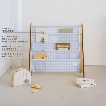 3 Sprouts Recycled Kids Bookshelf, Holds 35 Books, 4-Tier, Gingham Blue | Space-saving bookshelf, Children's room, Toddler bookcase organizer, Ages 3+, Book/toy storage, Front-facing, Covers visible - color: Gingham Blue