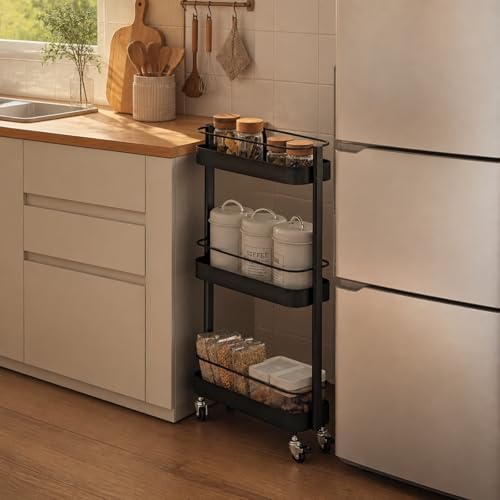 Rolling Storage Cart, 3 Tier Bathroom Organizer Mobile Shelving Unit, Metal Utility Cart Tower Rack for Kitchen Laundry Narrow Places(Fully Assembled Furniture, Black) - color: Black