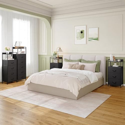 Somdot Nightstand with 3 Drawers, Dresser with Fabric Bins for Bedroom, Hallway, Entryway, Night Stand Bedside Table Furniture, Sturdy Steel Frame, Wooden Top, Easy Pull Fabric Bins, Black - color: Black, size: 11.4"D x 15.2"W x 30.6"H (3 Drawers)