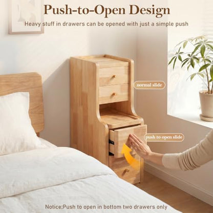 Narrow Nightstand with 4 Drawers, 7.9" Solid Wood Narrow Bedside Table Natural with Open Shelf & Cable Hole, Modern Night Stand Slim Bedside Table for Bedroom(Fully Assembly) - color: Natural