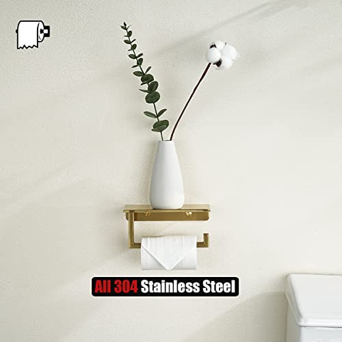 JQK Toilet Paper Holder Shelf, Bathroom Tissue Roll Holder with Phone Shelf, 5 Inch 304 Stainless Steel Tissue Paper Dispenser, Brushed Gold Finished Wall Mount, TPH202-BG - color: Gold