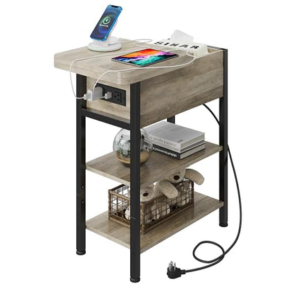 WLIVE 3-Tier End Table with Charging Station, Flip Top Narrow Side Table with Storage Shelf, Small Nightstand with USB Ports and Outlets,Bedside Table for Living Room, Bedroom - color: Greige