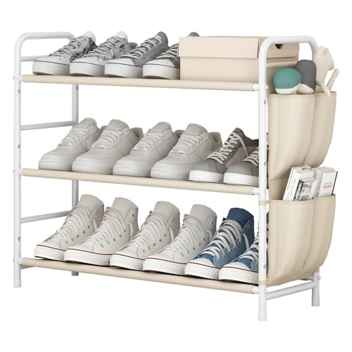 3 Tier Shoe Rack with Side Pockets, Shoe Organizer Space Saver Storage for 7-9 Pairs Shoes Storage Shelf Sturdy Free Standing Metal Long Shoe Holder Organizer for Closet, Entryway Beige - color: Beige, size: 3 Tier