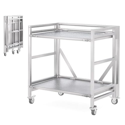 2 Shelf Rolling Cart with Wheels, 660lbs Capacity Collapsible Steel Rolling Utility Cart, Heavy-Duty Foldable Workbench, Metal Rolling Storage Cart with Handle for Groceries, Warehouse (36" Lx26 W) - color: Plate 660lbs Capacity