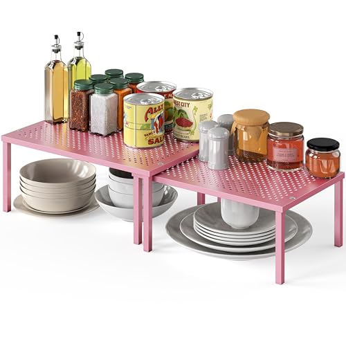 Simple Houseware Expandable Stackable Kitchen Counter Shelf Organizer, Pink, Metal Top, 11.25 in L x 7.9 in W x 5.4 in H | Expandable & Stackable 9" D x 12.75" W x 5.9" H - color: Pink