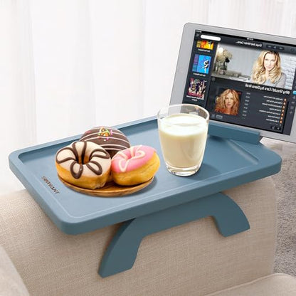 SINWANT Couch Arm Tray, Bamboo Sofa Clip on Tray Tables with 360° Phone Holder,Folding Anti Slip Couch Armrest Table for Snacks,Drinks,Remotes 15.35"x9.85" - color: Blue