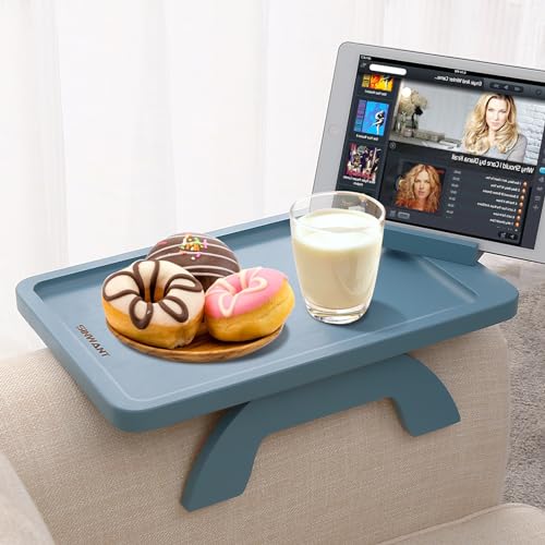 SINWANT Couch Arm Tray, Bamboo Sofa Clip on Tray Tables with 360° Phone Holder,Folding Anti Slip Couch Armrest Table for Snacks,Drinks,Remotes 15.35"x9.85" - color: Blue