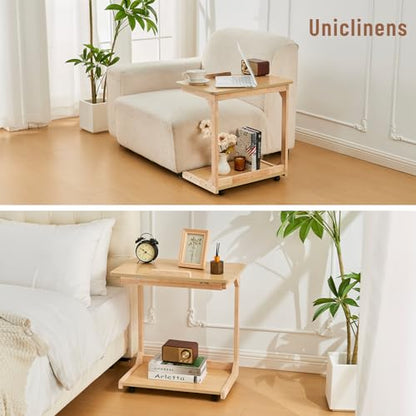 Uniclinens Rolling Side Table Desk Sofa - C Shape Couch End Table with Wheels, Mobile Wooden Slim Sofa Tray, Movable Small Couch Desk for Living Room Bedroom, Natural - color: Natural, style: Style 4
