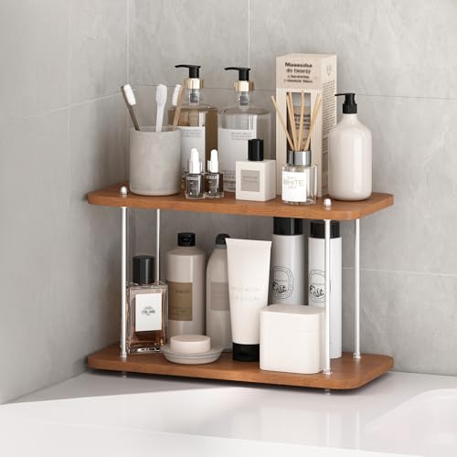 2-Tier Adjustable Height Bathroom Countertop Organizer | Perfect for bathroom counter, dresser, vanity, corner, sink & kitchen, holds skincare, makeup, perfume, spices, coffee goods