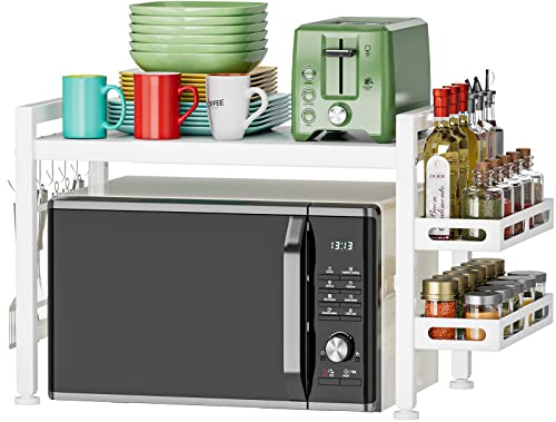 YIUKEA Over the Microwave Shelf - Adjustable Countertop Stand 2 Tier Rack (L15.723.6" xW12.8 xH17.7) with Spice Organizer and 6 Hooks for Kitchen White - color: White with Spice Rack