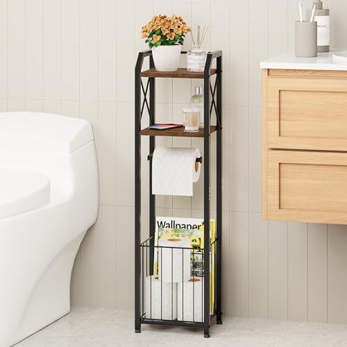 HapiRm Freestanding Toilet Paper Holder - 4-Tier Bathroom Tissue Organizer with Wood Shelves and Large Basket, Toilet Paper Holder Stand for Bathroom, Laundry Room, Apartment - Black（Small） - color: Black, size: Small