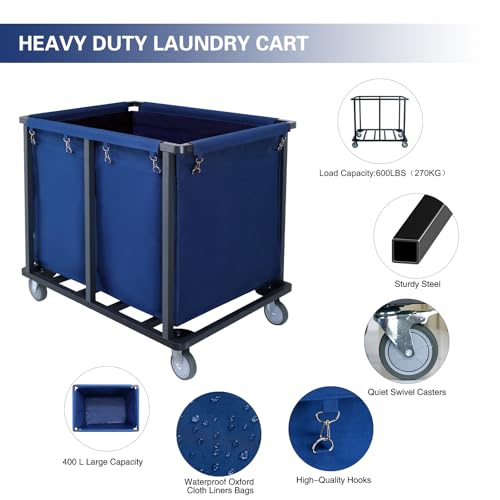 Commercial Laundry Cart with Wheels,400L Blue | 600 lbs Industrial Laundry Cart,Steel Frame and Oxford Cloth Bag,Heavy Duty Rolling Laundry Cart with Wheels for Hotel - color: Blue