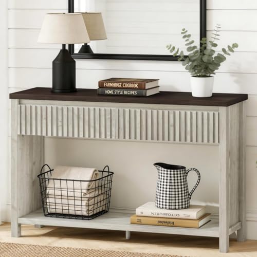 BON AUGURE 47In Entryway Table with Drawers, Sofa Tables with Storage | Console Tables for Entryway, Two-Tier Narrow Hallway Tables, Modern Fluted Panel, Walnut and Washed Grey Oak - color: Walnut & Washed Grey