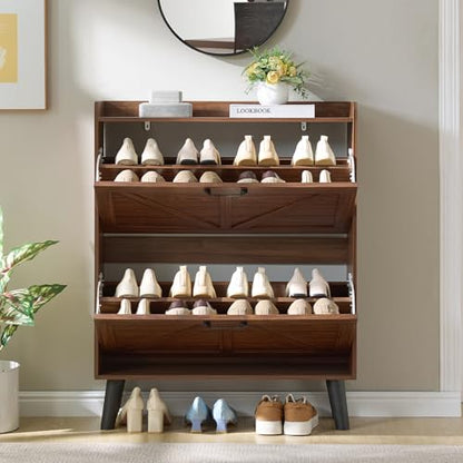 LEYAOYAO Shoe Cabinet Storage for Entryway with 2 Flip Drawers Rack Narrow Organizer Slim Hidden Wood Shoe Cabinet Furniture Walnut - color: Walnut