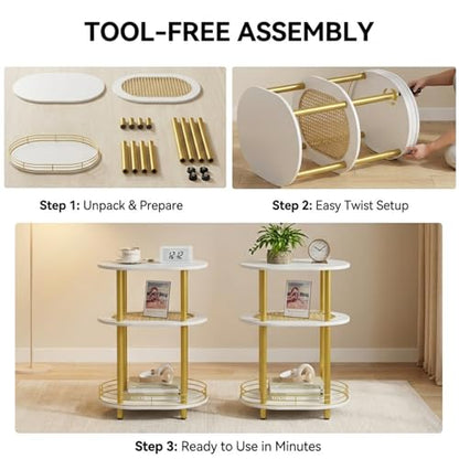 Small Rattan Side/Accent Table with Storage, 3 Tier Round/Oval End Table with Rattan Shelf & Metal Basket, Boho Nightstand, Tool Free Assembly/Screw-Hole Free Tabletop-Living Room Bedroom-Black - color: White-rattan, size: 1PC