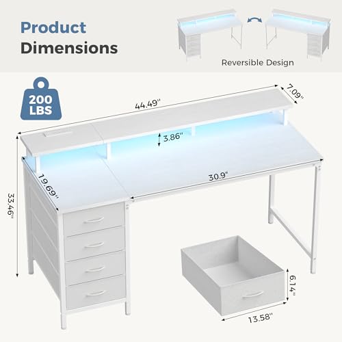 DUMOS 47-Inch Gaming Desk with Power Outlets and LED Lights, White | Computer Desk with 4 Storage Drawers, Home Office Desk with Monitor Stand, Small Desk for Bedroom Study - size: 47-In