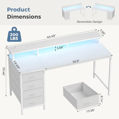 DUMOS 47-Inch Gaming Desk with Power Outlets and LED Lights, White | Computer Desk with 4 Storage Drawers, Home Office Desk with Monitor Stand, Small Desk for Bedroom Study - size: 47-In