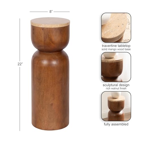 Kate and Laurel Teo Transitional Mango Wood Drink Table, 8 x 8 x 22, Walnut Brown and Natural Travertine, Sculptural Bedroom Nightstand with Unique Pedestal Table Design for Use as Indoor Plant Stand - color: Walnut Brown