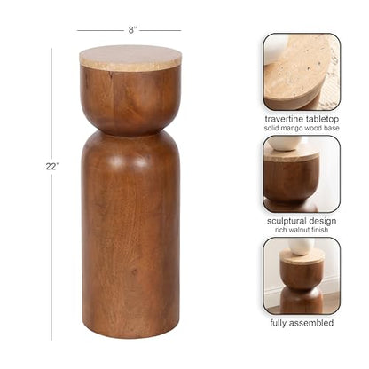 Kate and Laurel Teo Transitional Mango Wood Drink Table, 8 x 8 x 22, Walnut Brown and Natural Travertine, Sculptural Bedroom Nightstand with Unique Pedestal Table Design for Use as Indoor Plant Stand - color: Walnut Brown