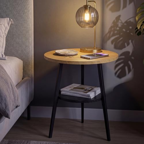 Small Round Side Table, End Tables Living Room, Oak | 2-Tier Side Table with Storage Shelf for Small Spaces, Bedside Accent Table for Living Room, Bedroom, Metal Frame & Wood Top - color: Oak