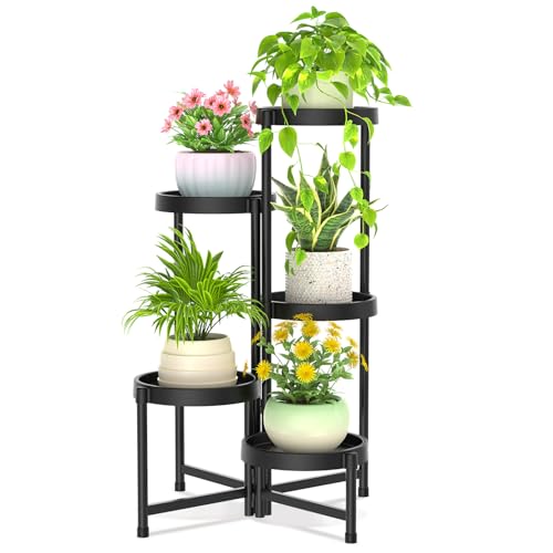 iDavosic.ly 5 Tier Folding Plant Stand Indoor Outdoor with Plastic Tray, Tiered Corner Flower Holder Shelf, Metal Orchid Display Rack for Patio Porch Living Room Garden Balcony, Modern Black - color: Black, size: 5 Tiers