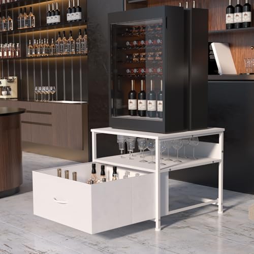 Unionly Mini Fridge Stand with drawer Storage,shelf & Power Outlet | 180lb Mini Fridge Table with Charging Station,Heavy duty small refrigerator shelf,end table for Living Room,Home Kitchen - color: White