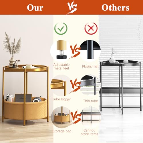 Garden 4 you Side Table with Fabric Storage Basket, Round Metal End Table, Small Bedside Table Nightstand with Removable Tray, for Nursery, Living Room, Bedroom, Bathroom, Gold - color: Gold