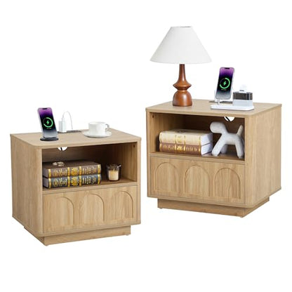 Small Nightstand Set of 2 with Charging Station, Accent Bedside Nightstand with Drawer, Mid Century Modern Bedroom Side Bed Table with Storage for Dorm, Living Room, Couch, Office - Natural - color: Natural