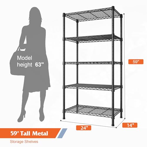REIBII Wire Shelving Rack 5-Tier Metal Shelves for Storage Adjustable Garage Shelving Heavy Duty Storage Shelves for Storage Rack, 24" W X 14" D X 59" H | Heavy-duty 19.1mm steel, Leveling feet+anti-tip, 24"W x 14"D x 59"H, Tool-free assembly, For kitchen