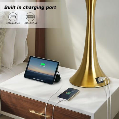 Rinweey 27.5" Gold Lamps for Living Room, Touch Control 3-Way Dimmable Bedside Nightstand Lamps Bedroom Lamp,Modern Gold Table Lamp with USB A+C Ports,Tall Lamps for Living Room End Table（1Pack） - color: Gold (1 Pack)