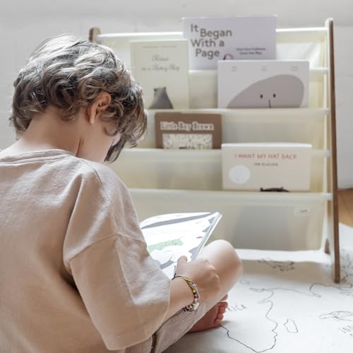 3 Sprouts Recycled Kids Bookshelf, Holds 35 Books, 4-Tier, Cream | Space-saving bookshelf, Children's room, Toddler bookcase organizer, Ages 3+, Book/toy storage, Front-facing, Covers visible - color: Solid Cream