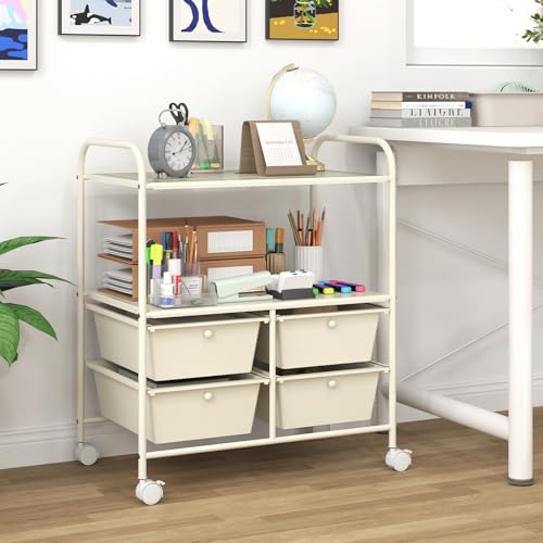 GOFLAME 4-Drawer Rolling Storage Cart with 2 Shelves, Mobile Utility Cart with Removable Drawers and Metal Frame, Art Craft Drawer Cart with Lockable Wheels for Home, Office, School, Studio, White - color: White