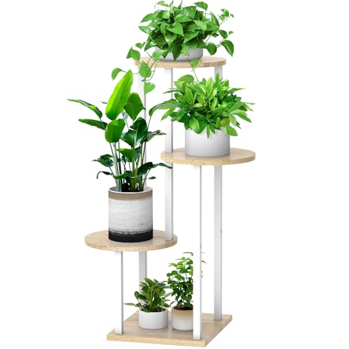 4 Tier Wood Tall Plant Stand Metal Rack Indoor, Multiple Flower Pot Holder Shelves Corner Rack, Round Planter Shelf Display Rack Storage Organizer for Patio Living Room Balcony(White+Oak) - color: White+Oak, size: 4 Tier
