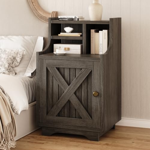 4ever2buy White Nightstand with Storage, 30" Tall Night Stand with Hutch | Farmhouse Tall Bedside Table End Table for Bedroom Living Room Sofa Office, Grey - color: Wash Grey