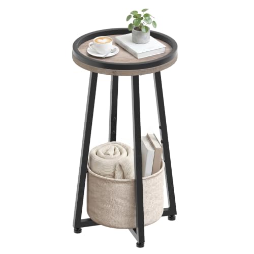 HOOBRO Small Round Side Table, 2-Tier Round Sofa End Table, Compact Nightstand with Cotton Linen Storage Basket, for Small Space, Living Room, Bedroom, Dorm, Greige BG183BZ01 - color: Greige