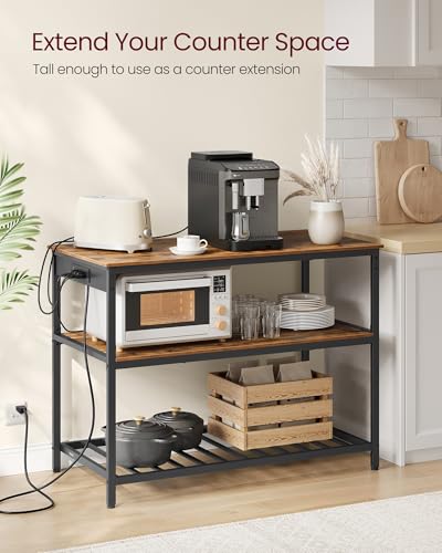 VASAGLE Kitchen Island with 3 Shelves, 47.2 Inches Width Kitchen Shelf with Power Strip, Large Worktop, Stable Steel Structure, Industrial, Easy to Assemble, Rustic Brown and Black UKKI101K01 - color: Rustic Brown + Black, size: 47.2"W x 34.9"H, style: wi