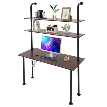 2-Shelf Industrial Wall Mount Ladder，Wall Mount Computer Desk Writing Desk,Industrial Bookcase Desk with Shelves，Floating Desk with Storage, Wall Table for Home Office, Brown (47.2"×20"×79") - color: Black/ Brown (47"w)