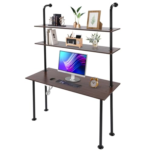 2-Shelf Industrial Wall Mount Ladder，Wall Mount Computer Desk Writing Desk,Industrial Bookcase Desk with Shelves，Floating Desk with Storage, Wall Table for Home Office, Brown (47.2"×20"×79") - color: Black/ Brown (47"w)