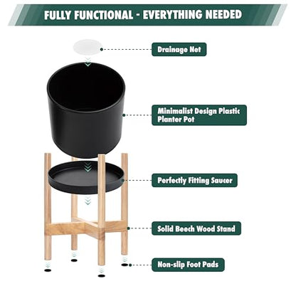 D'vine Dev Plastic Pot with Natural Wood Stand, Black, 10 in, 55-C-M-2 | Mid-Century Inspired Design, Elevated Plant Display, Clean Lines, Sturdy Support, Modern Space-Saving Style - color: Matte Black Pot + Natural Stand, size: 10 Inch