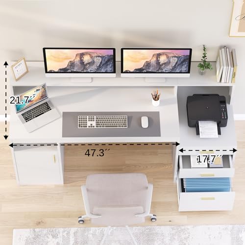 YOMILUVE Computer Desk with 3 Drawer & Storage Shelves, Home Office Desk with File Drawer & Cabinet, Writing Study Table with Long Monitor Stand & Printer Shelf, Executive Desk, White - color: White