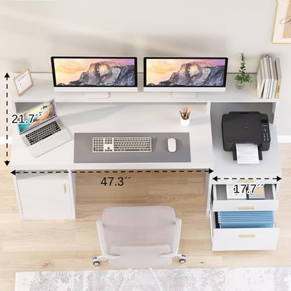 YOMILUVE Computer Desk with 3 Drawer & Storage Shelves, Home Office Desk with File Drawer & Cabinet, Writing Study Table with Long Monitor Stand & Printer Shelf, Executive Desk, White - color: White