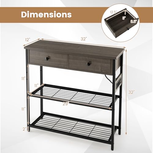 GOFLAME Console Table with Power Outlet, Narrow Entry Table with Drawers, 2 AC Outlets & 2 USB Ports, Sofa Table for Living Room Behind Couch, Living Room, Foyer, Grey Oak