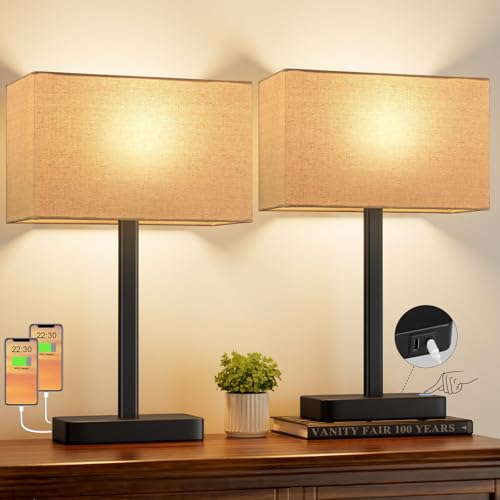 Hong-in Touch Lamps for Bedroom - 3-Way Dimmable Bedside Lamps Set of 2 with USB C+A, Beige Modern Table Lamp for Night Stands, Desk Lamp for Living Room Nightstand End Tables Bed Side - color: B. Beige&Black