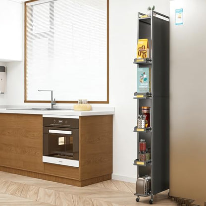 Rolling Spice Rack Next to Fridge Slim, Freestanding Narrow Tall Sideboard Shelf, with Transparent Flap Door Design, Pull Out Cabinet Organizer for Small Space Kitchen Space Saving (Grey, 6T-16cm) - size: 6T-16cm