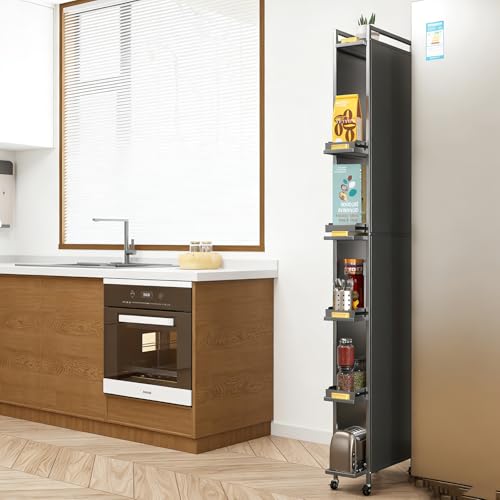 Rolling Spice Rack Next to Fridge Slim, Freestanding Narrow Tall Sideboard Shelf, with Transparent Flap Door Design, Pull Out Cabinet Organizer for Small Space Kitchen Space Saving (Grey, 6T-16cm) - size: 6T-16cm
