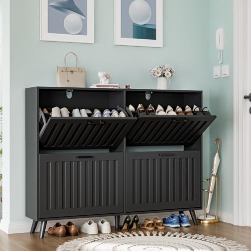 Shoe Storage Cabinet with 4 Flip Drawers, Modern Freestanding Organizer with Adjustable Shelf, Narrow Shoe Rack Cabinet for Entryway, Black - color: Black, size: 4 Flip Drawers
