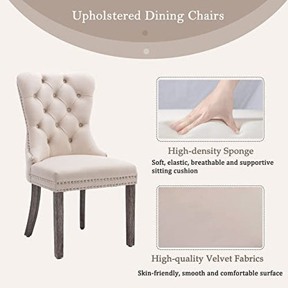 KCC Velvet Dining Chairs Set of 2, Upholstered High-end Tufted Dining Room Chair with Nailhead Back Ring Pull Trim Solid Wood Legs, Nikki Collection Modern Style for Kitchen, Beige - color: Beige, size: Set of 2