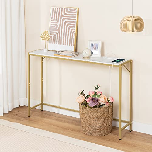 MAHANCRIS Console Table, Narrow Sofa Table, 43.7” Entrance Table with Power Station, Behind Couch Table, Simple Style, for Living Room, Hallway, Entryway, Foyer, Marble and Gold CTJM112E01 - color: Marble, Gold