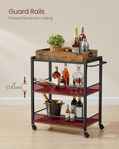 VASAGLE Kitchen Serving Cart with Removable Tray, 3-Tier Kitchen Utility Cart on Wheels with Storage, with Brakes, Leveling Feet, 15.7 x 28.3 x 33.9 Inches, Rustic Brown and Black ULRC72X - color: Rustic Brown + Black, size: 15.7"D x 28.3"W x 33.9"H